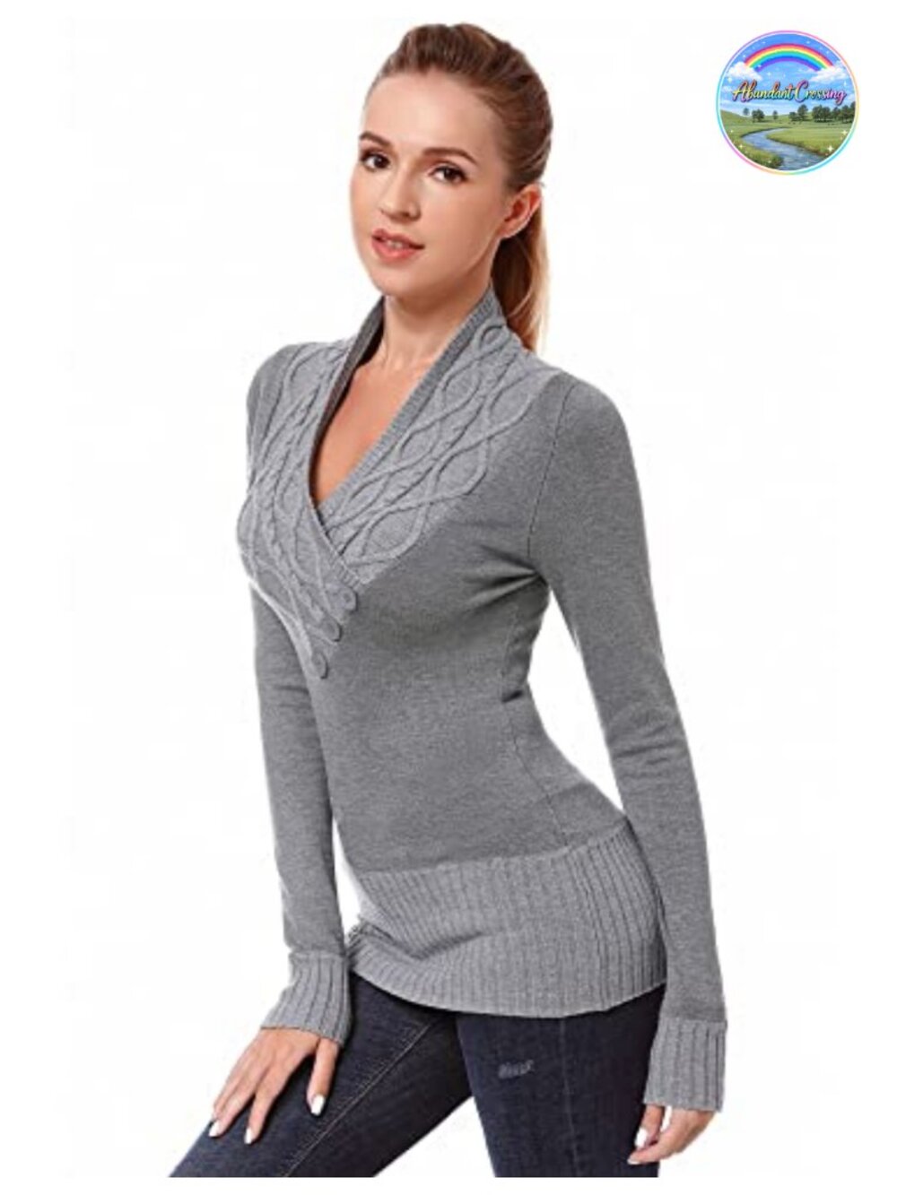 Cable Knit V-Neck Long Sleeve Pullover Sweater Viscose Blend
